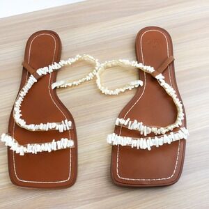 Boho Beaded Flat Sandals Womens 10.5 ZARA White Strappy Beach Slides Coastal